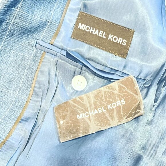 Michael Kors Blue Windowpane Linen Blazer Womens 14R Tailored Fully Lined 2 Butt - Picture 8 of 11